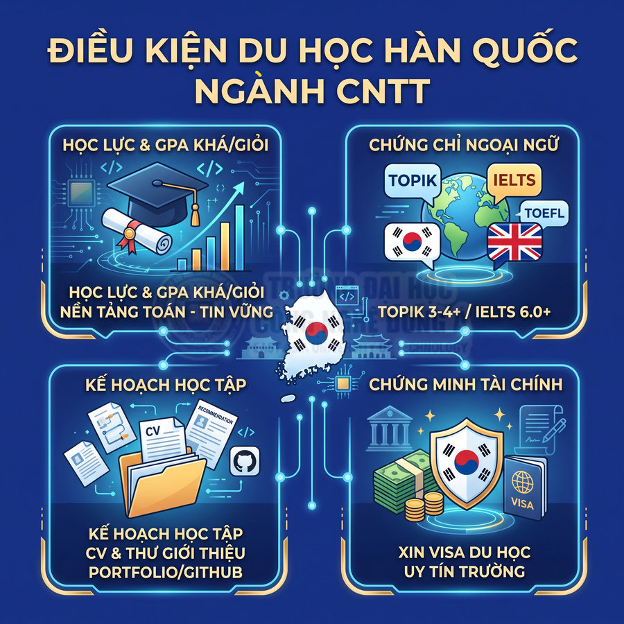 Điều kiện du học Hàn Quốc ngành CNTT gồm GPA khá giỏi, chứng chỉ TOPIK IELTS, kế hoạch học tập và chứng minh tài chính