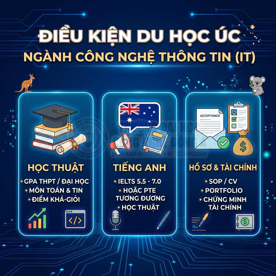 Điều kiện du học Úc ngành công nghệ thông tin gồm học thuật, tiếng Anh, hồ sơ và tài chính