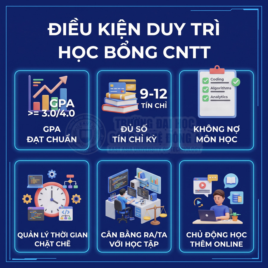 Điều kiện duy trì học bổng CNTT với GPA chuẩn, đủ tín chỉ, không nợ môn và kỹ năng học tập hiệu quả