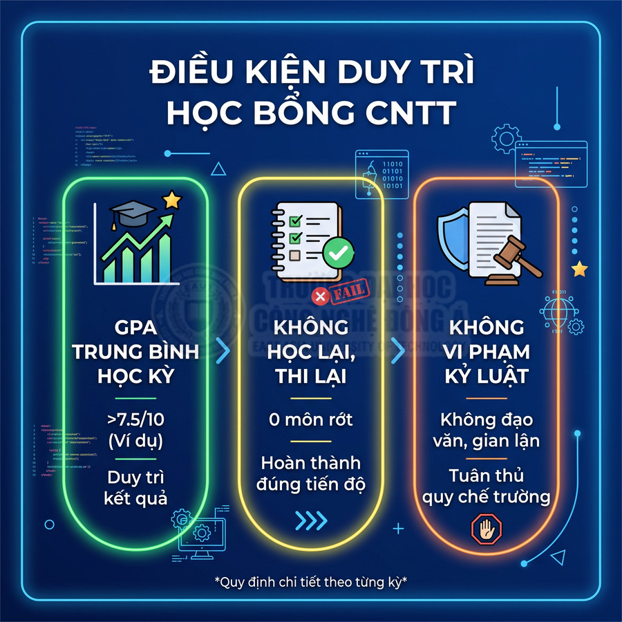 Điều kiện duy trì học bổng CNTT với GPA cao, không học lại thi lại và không vi phạm kỷ luật