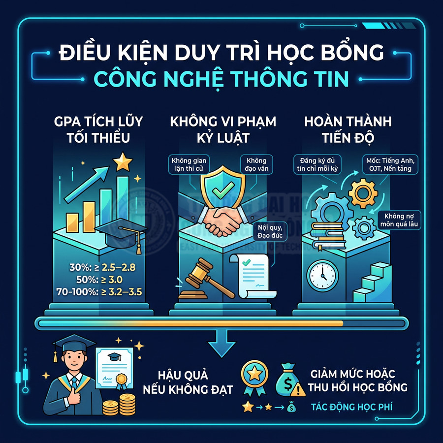 Infographic điều kiện duy trì học bổng công nghệ thông tin với yêu cầu GPA, kỷ luật và tiến độ học tập