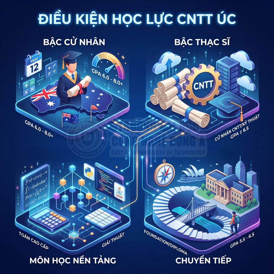 Điều kiện học lực ngành công nghệ thông tin tại Úc cho bậc cử nhân, thạc sĩ, môn nền tảng và chương trình chuyển tiếp