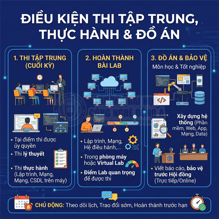 Infographic điều kiện thi tập trung thực hành đồ án công nghệ thông tin với các bước và yêu cầu chi tiết