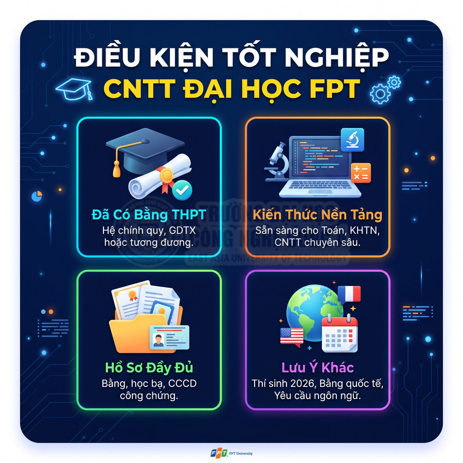 Infographic điều kiện tốt nghiệp ngành CNTT Đại học FPT với yêu cầu bằng THPT, kiến thức nền, hồ sơ và lưu ý khác