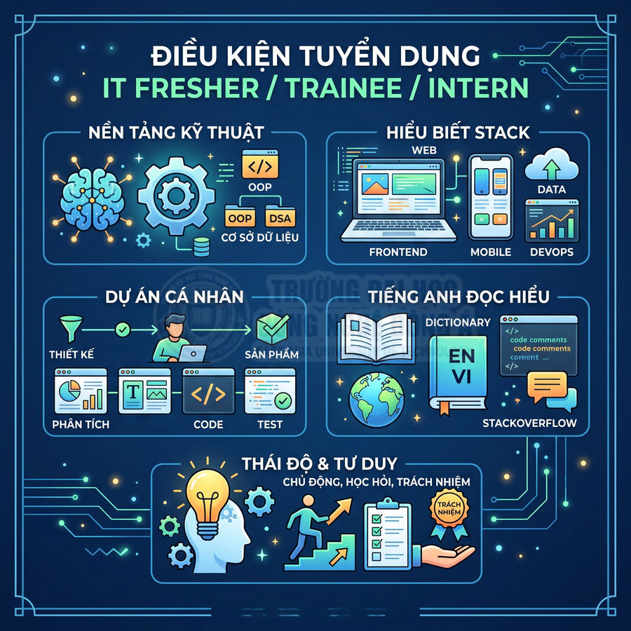 Infographic điều kiện tuyển dụng IT fresher trainee intern về kỹ thuật dự án cá nhân tiếng Anh và thái độ tư duy