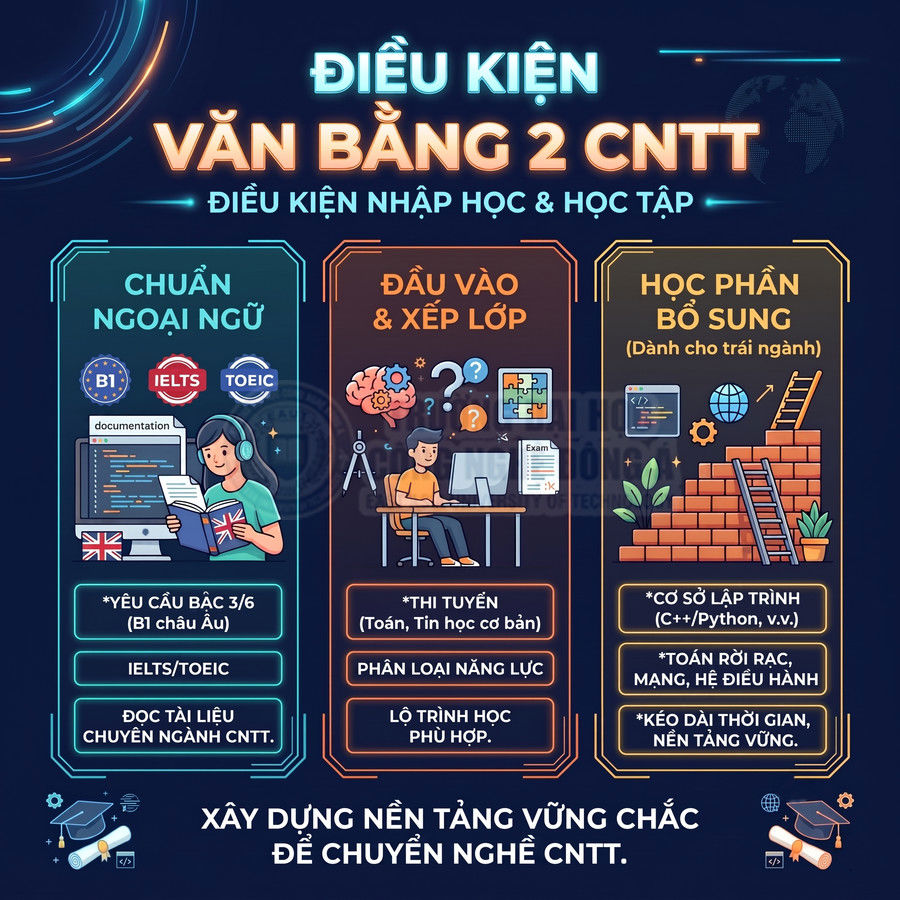 Infographic điều kiện học văn bằng 2 công nghệ thông tin gồm chuẩn ngoại ngữ, đầu vào xếp lớp và học phần bổ sung