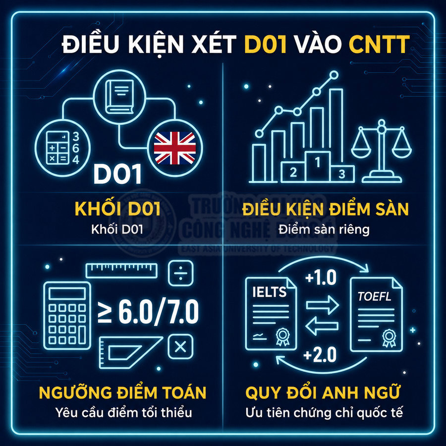 Infographic điều kiện xét tuyển khối D01 vào ngành CNTT với điểm sàn, ngưỡng điểm Toán và quy đổi chứng chỉ IELTS TOEFL