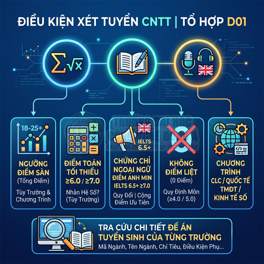 Điều kiện xét tuyển ngành công nghệ thông tin tổ hợp D01 với các tiêu chí điểm sàn, toán, ngoại ngữ và chương trình học