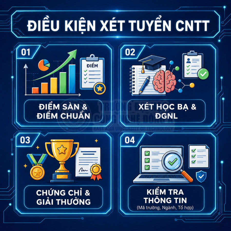 Điều kiện xét tuyển ngành CNTT với bốn tiêu chí điểm chuẩn, học bạ, chứng chỉ giải thưởng và kiểm tra thông tin