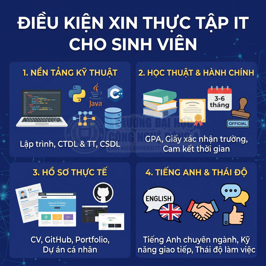 Điều kiện xin thực tập IT cho sinh viên gồm nền tảng kỹ thuật, học thuật, hồ sơ thực tế, tiếng Anh và thái độ