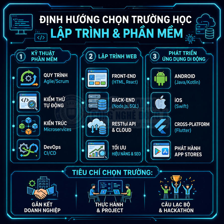 Infographic định hướng chọn trường học ngành lập trình phần mềm, kỹ thuật phần mềm, lập trình web và ứng dụng di động