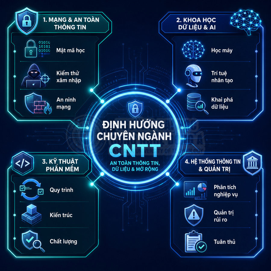 Định hướng chuyên ngành CNTT với 4 mảng: an toàn thông tin, khoa học dữ liệu AI, kỹ thuật phần mềm, hệ thống thông tin