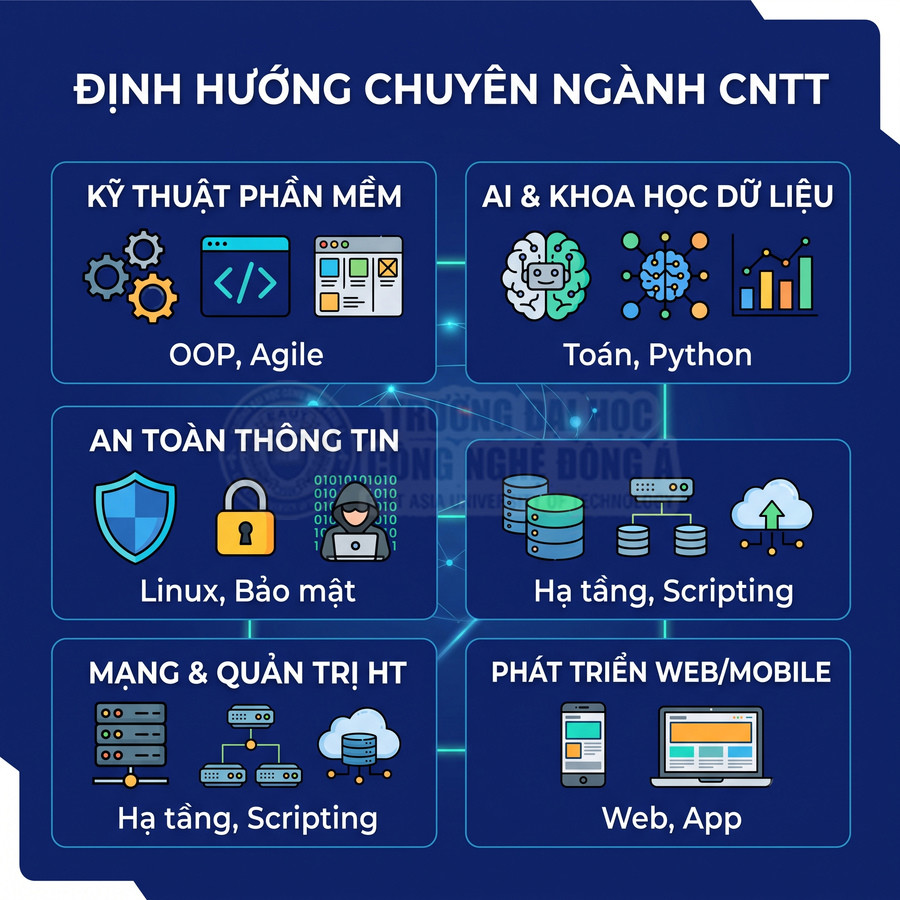 Infographic định hướng chuyên ngành CNTT gồm kỹ thuật phần mềm, AI, an toàn thông tin, mạng, phát triển web mobile