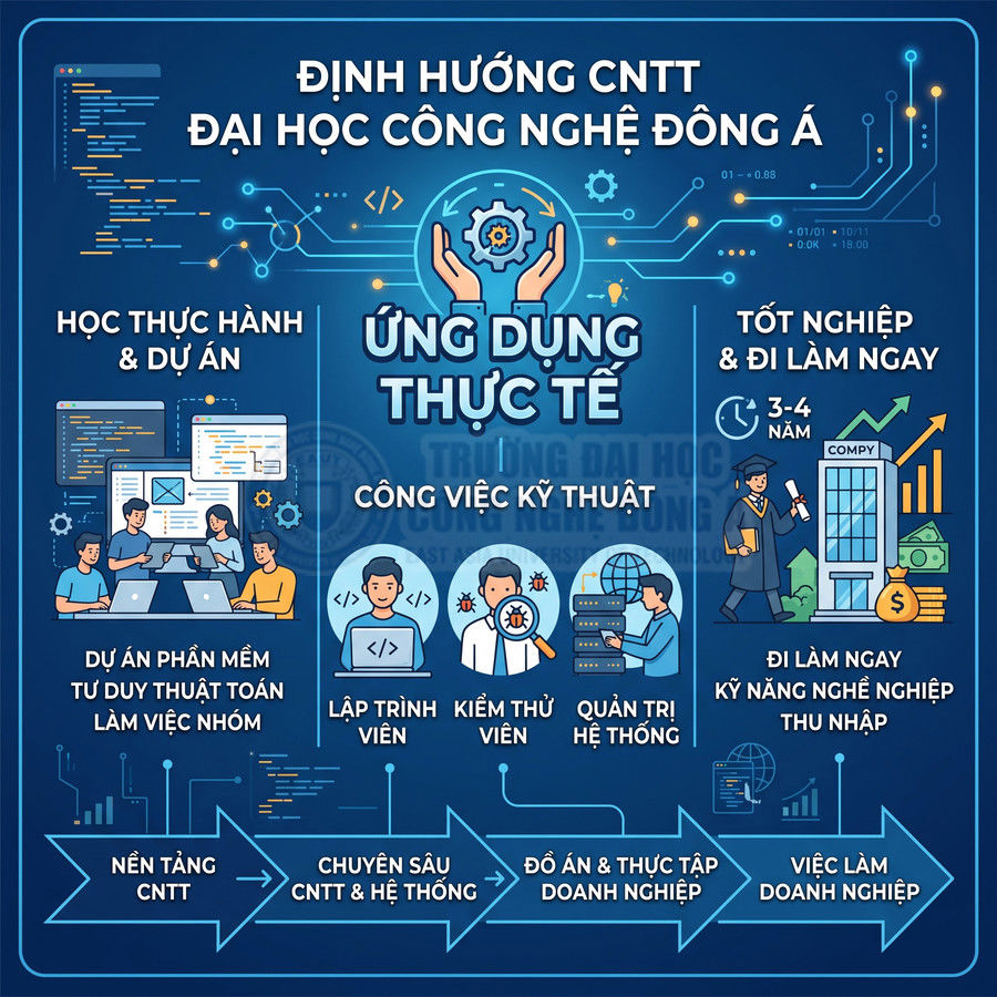 Poster định hướng ngành CNTT Đại học Công nghệ Đông Á, nhấn mạnh học thực hành dự án và cơ hội việc làm kỹ thuật