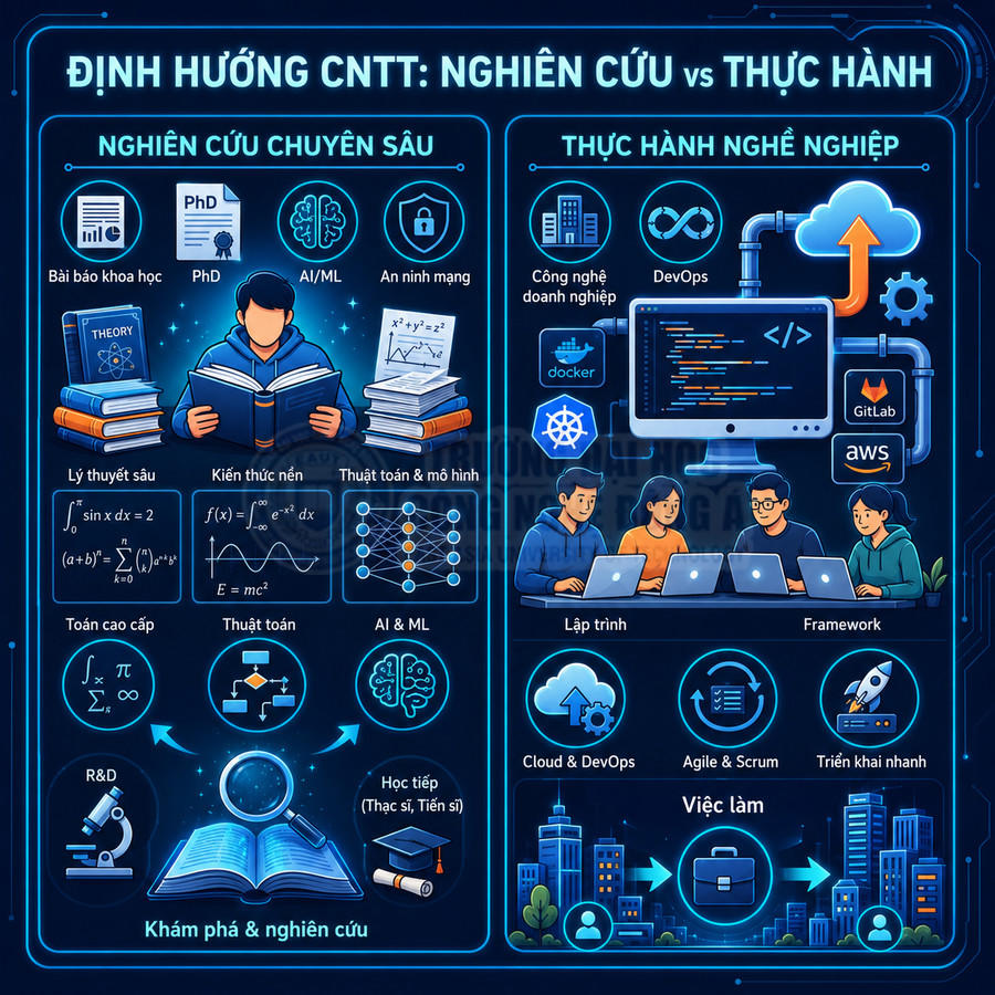 Infographic định hướng ngành CNTT so sánh con đường nghiên cứu chuyên sâu và thực hành nghề nghiệp