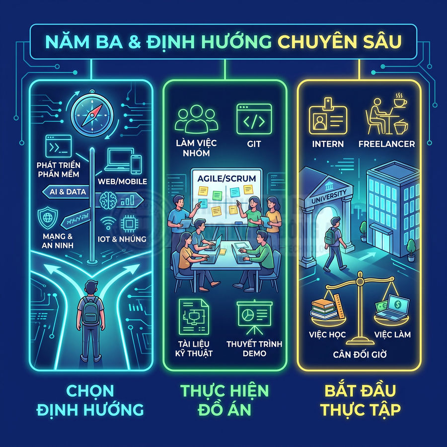Infographic lộ trình năm ba công nghệ thông tin với định hướng chuyên sâu, làm đồ án và bắt đầu thực tập