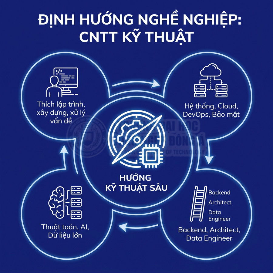 Định hướng nghề nghiệp CNTT kỹ thuật sâu với các mảng lập trình, hệ thống cloud, AI dữ liệu lớn, backend và data engineer
