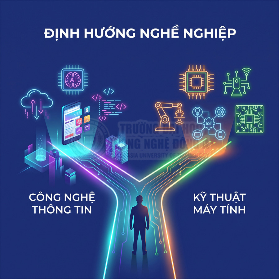 Định hướng nghề nghiệp công nghệ thông tin và kỹ thuật máy tính với các biểu tượng AI, lập trình, robot, vi mạch