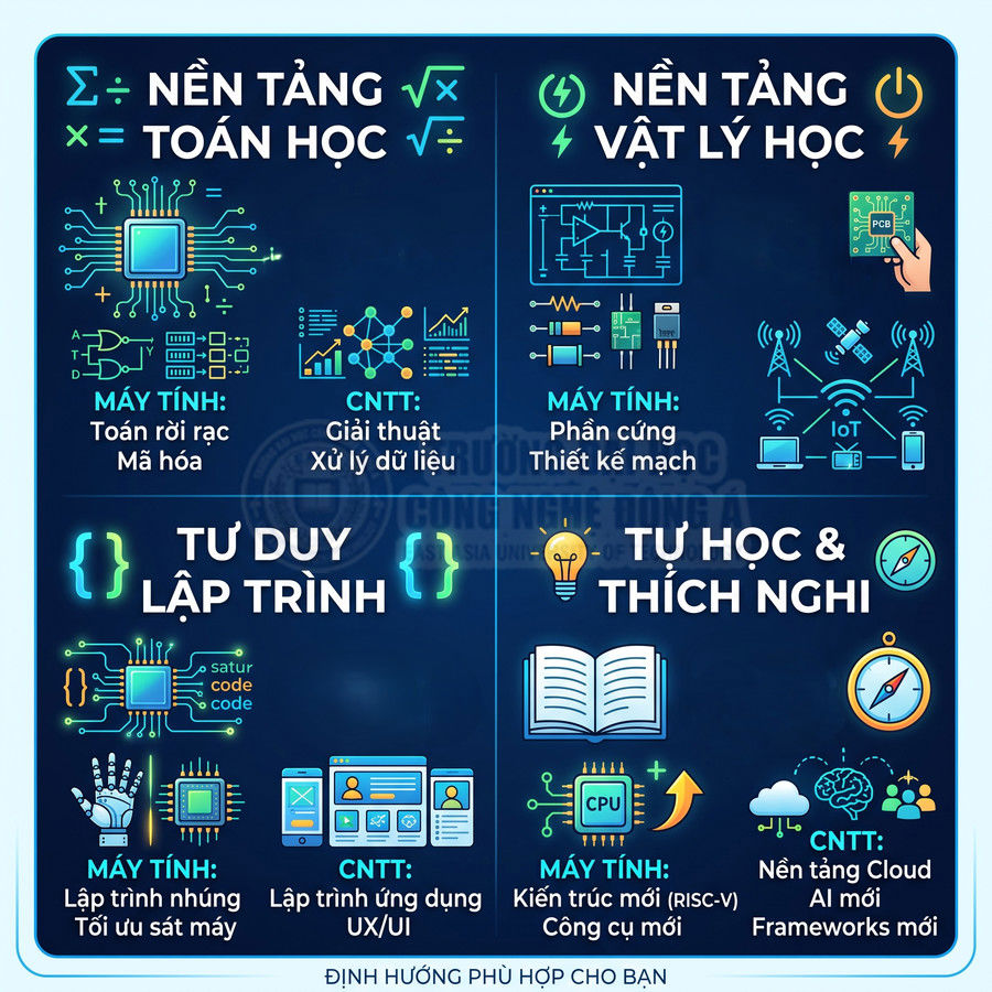 Infographic định hướng học ngành Công nghệ thông tin và Khoa học máy tính với nền tảng toán, vật lý, lập trình