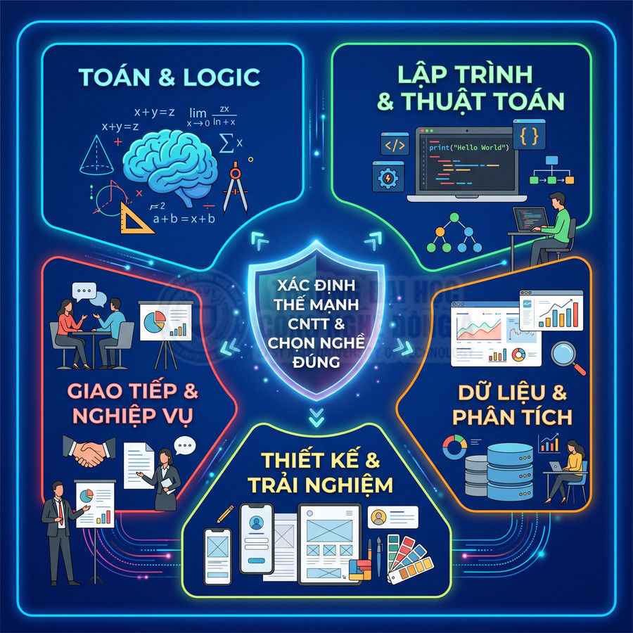 Sơ đồ các nhóm kỹ năng CNTT gồm toán logic, lập trình, dữ liệu, giao tiếp nghiệp vụ, thiết kế trải nghiệm