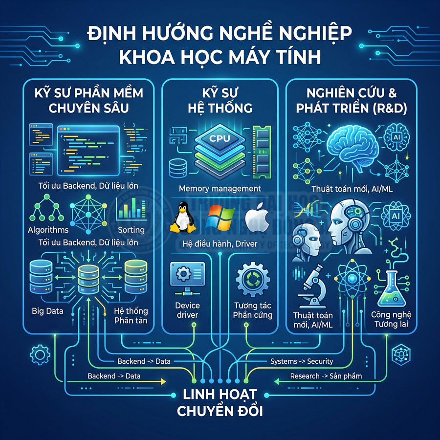 Định hướng nghề nghiệp khoa học máy tính với các mảng kỹ sư phần mềm, kỹ sư hệ thống và nghiên cứu phát triển AI