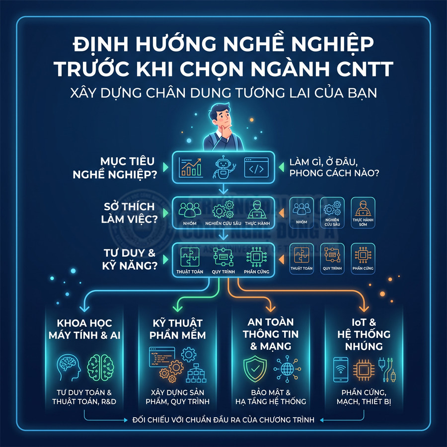 Infographic định hướng chọn ngành CNTT với các nhánh khoa học máy tính AI, kỹ thuật phần mềm, an toàn thông tin, IoT
