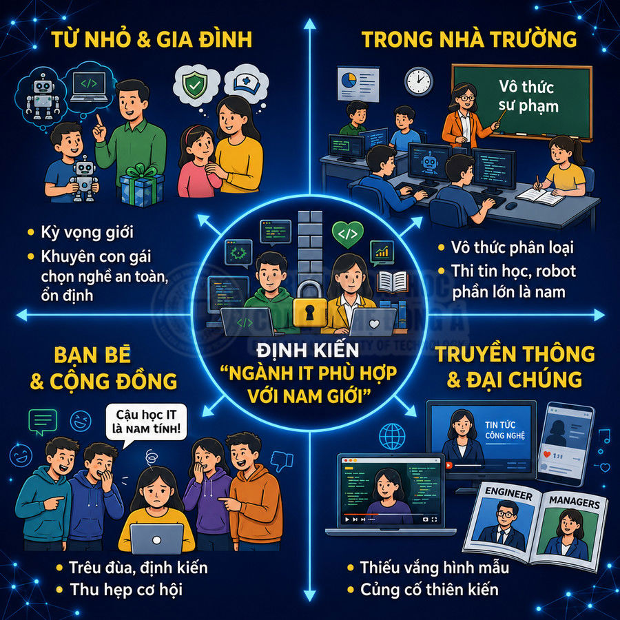 Infographic về định kiến giới trong ngành IT, mô tả áp lực từ gia đình, nhà trường, bạn bè và truyền thông