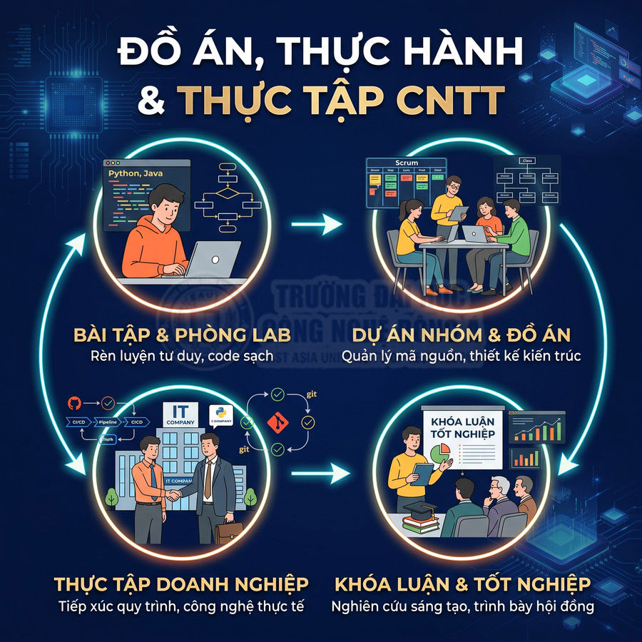 Lộ trình học CNTT với bài tập lab, dự án nhóm, thực tập doanh nghiệp và khóa luận tốt nghiệp