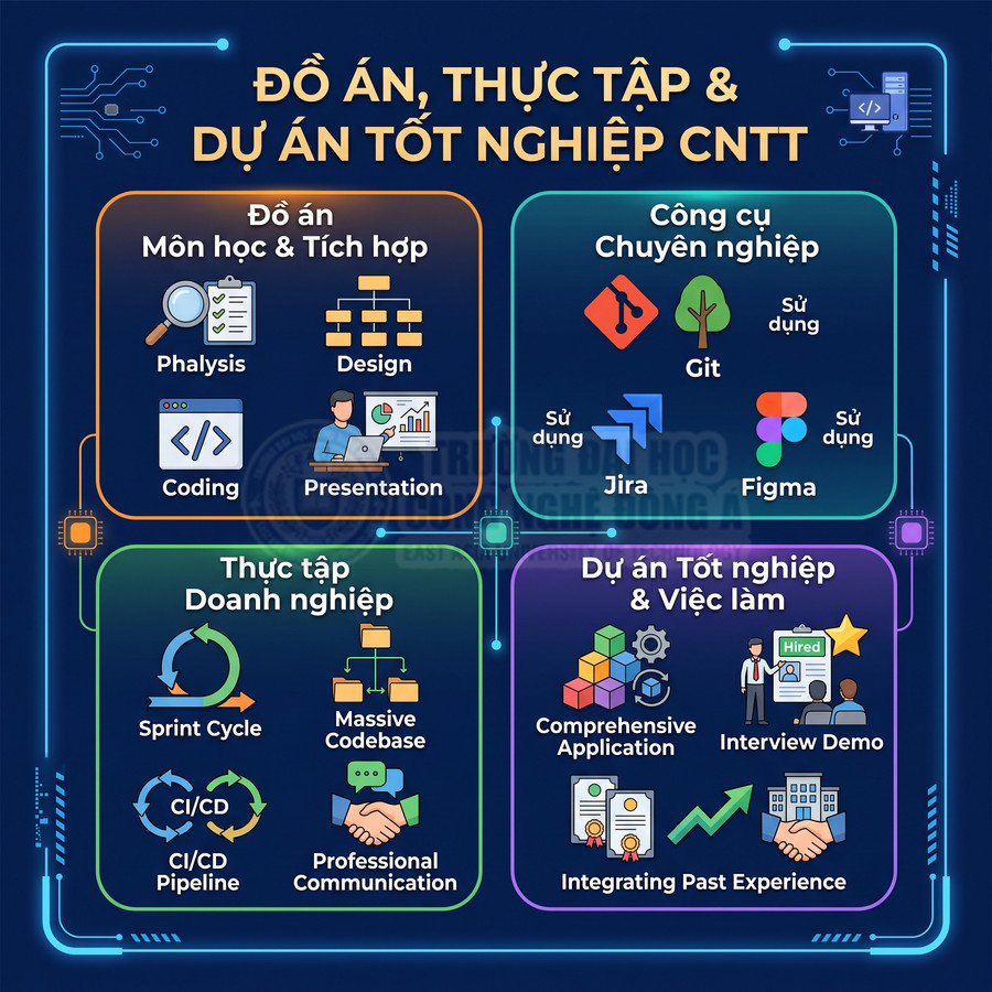 Đồ án, thực tập và dự án tốt nghiệp CNTT với kỹ năng coding, Git, Jira, Figma, CI CD và phỏng vấn xin việc