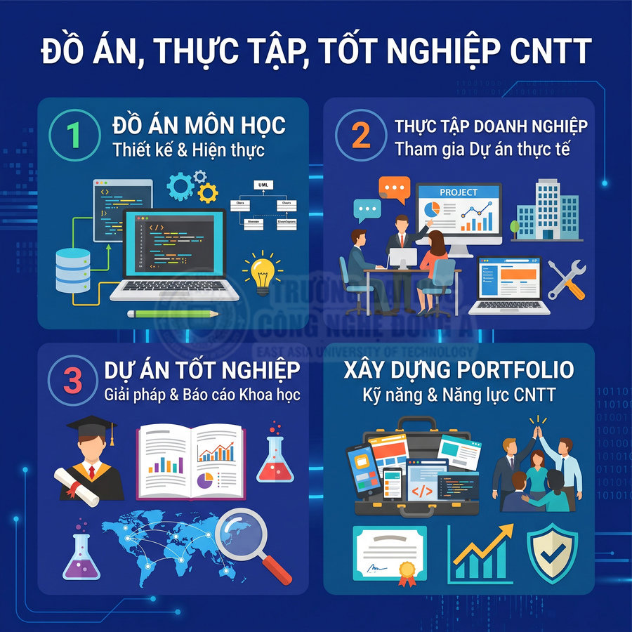Infographic chương trình đồ án, thực tập và tốt nghiệp ngành công nghệ thông tin với các bước và kỹ năng cần thiết