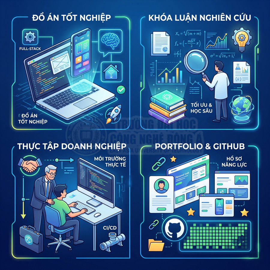 Minh họa lộ trình học công nghệ thông tin với đồ án tốt nghiệp, khóa luận, thực tập doanh nghiệp và portfolio GitHub