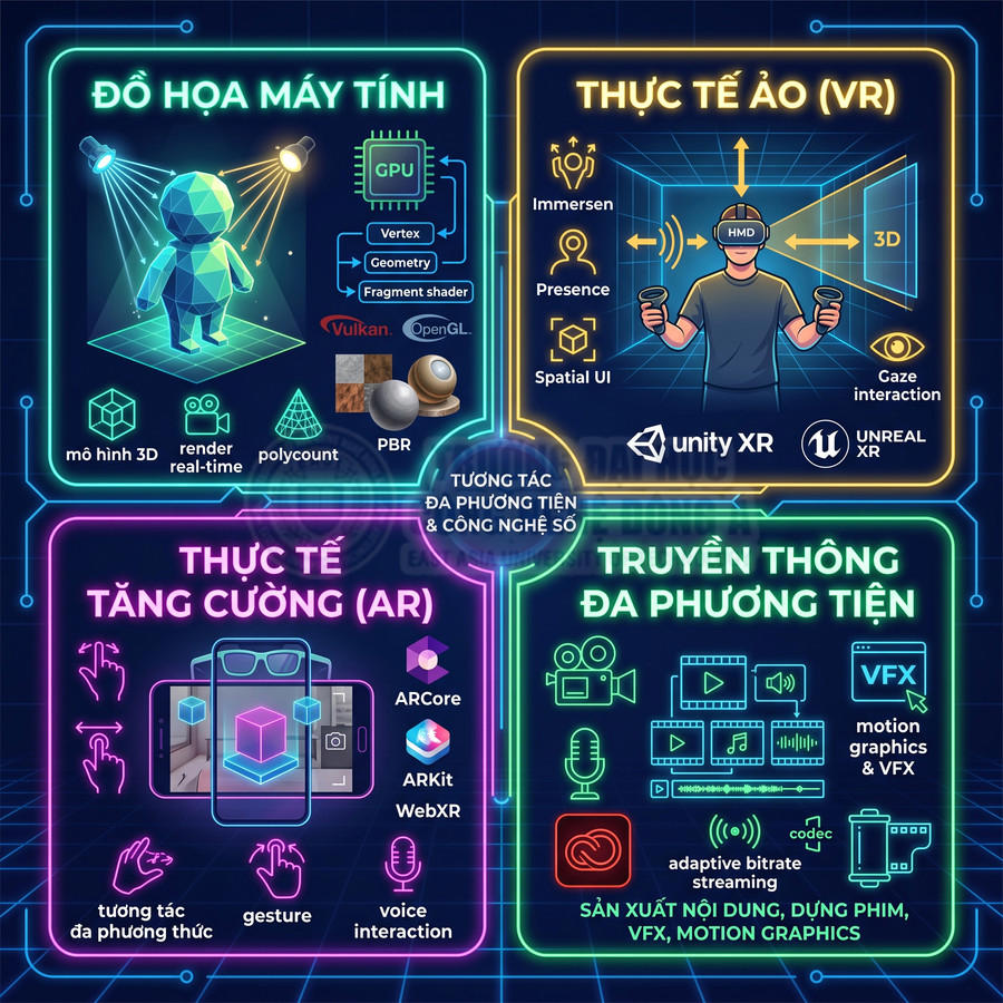 Infographic minh họa đồ họa máy tính, thực tế ảo VR, thực tế tăng cường AR và truyền thông đa phương tiện