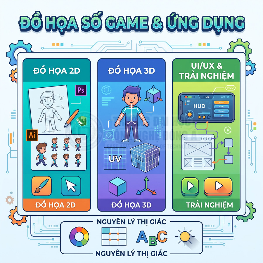 Đồ họa số cho game và ứng dụng với minh họa thiết kế 2D, 3D, UI UX và nguyên lý thị giác