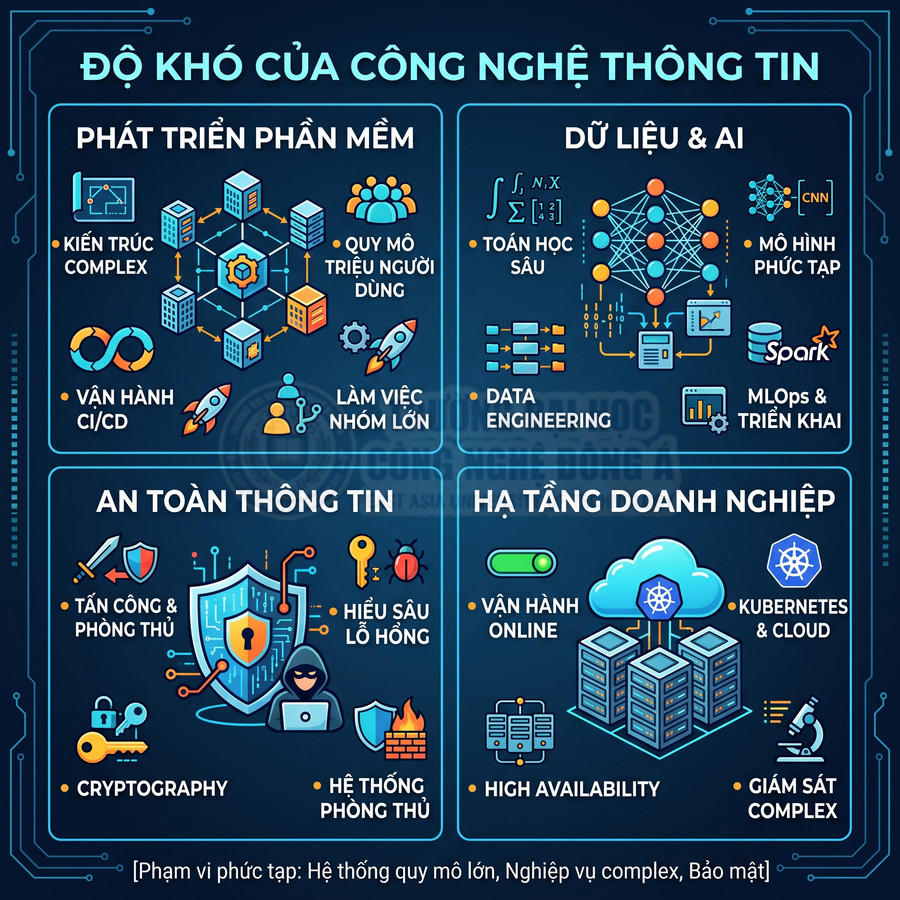 Infographic độ khó ngành công nghệ thông tin với các mảng phần mềm, dữ liệu AI, an toàn thông tin, hạ tầng doanh nghiệp