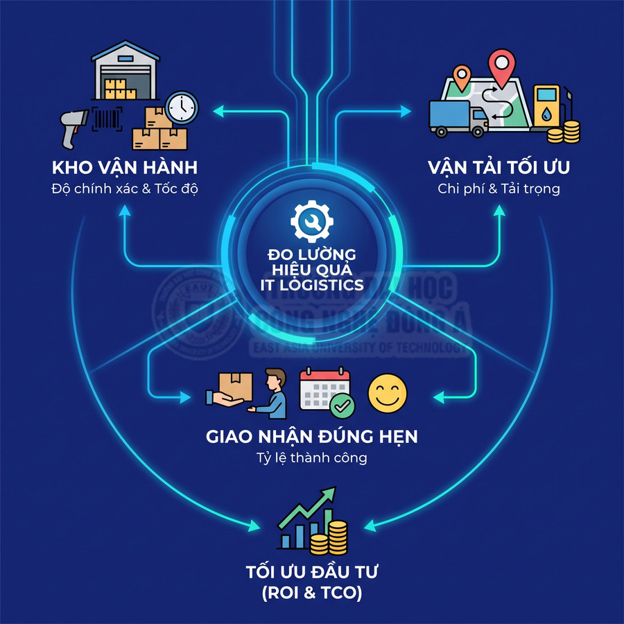 Sơ đồ đo lường hiệu quả IT logistics với kho vận hành, vận tải tối ưu, giao nhận đúng hẹn và tối ưu đầu tư ROI TCO