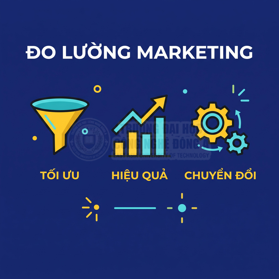 Minh họa đo lường marketing với biểu tượng phễu tối ưu, biểu đồ hiệu quả và bánh răng chuyển đổi