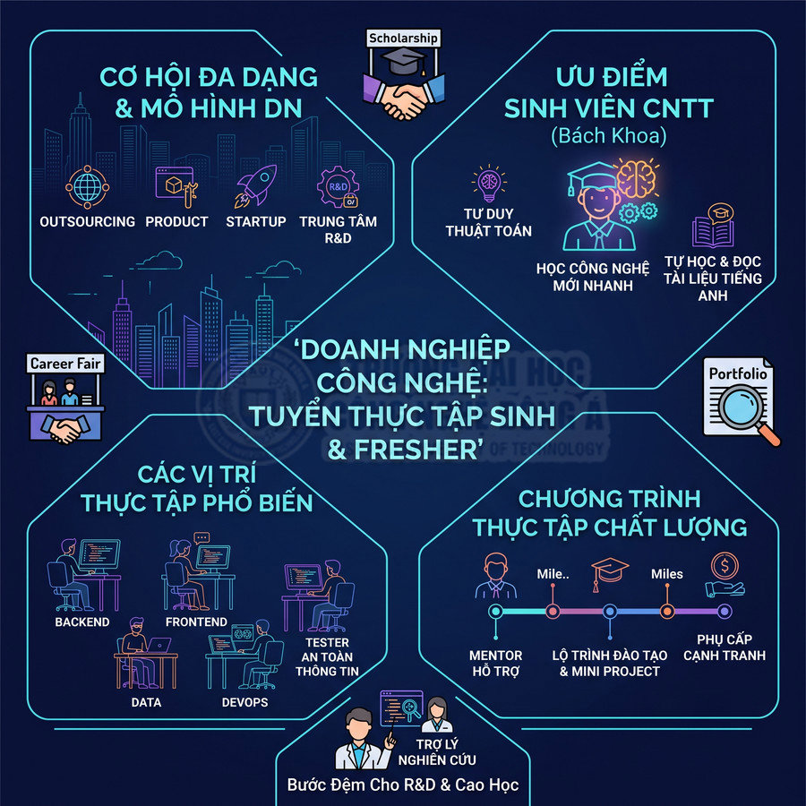 Infographic cơ hội thực tập CNTT cho sinh viên Bách Khoa với vị trí backend, frontend, tester, data, devops