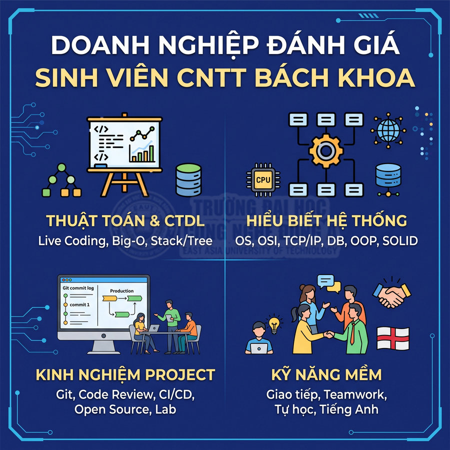 Infographic tiêu chí doanh nghiệp đánh giá sinh viên CNTT Bách Khoa về thuật toán, hệ thống, kinh nghiệm project và kỹ năng mềm