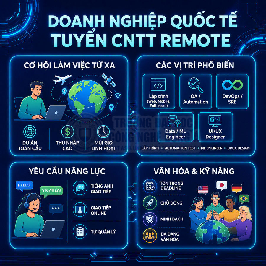 Poster tuyển dụng việc làm CNTT remote cho doanh nghiệp quốc tế với cơ hội, vị trí, yêu cầu và kỹ năng cần thiết