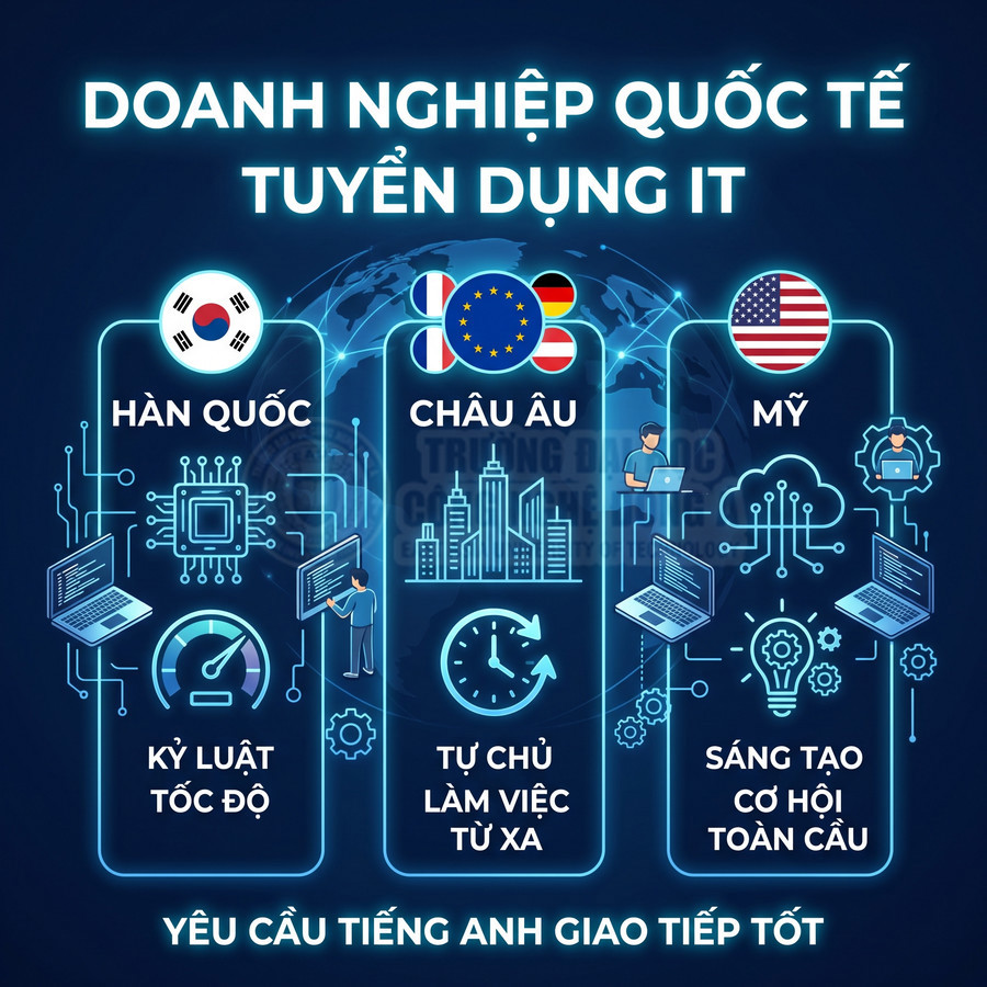 Poster tuyển dụng IT cho doanh nghiệp quốc tế tại Hàn Quốc, Châu Âu, Mỹ, yêu cầu tiếng Anh giao tiếp tốt