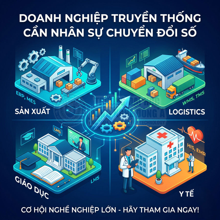 Minh họa cơ hội nghề nghiệp chuyển đổi số trong sản xuất, logistics, giáo dục và y tế cho doanh nghiệp truyền thống