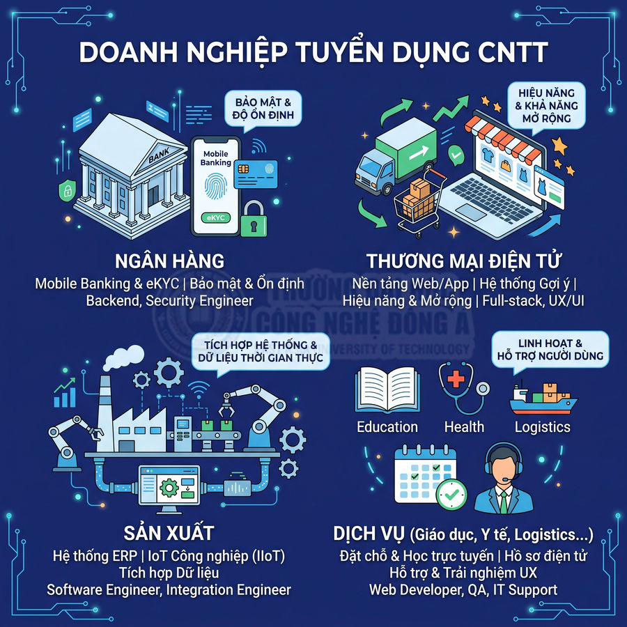 Infographic doanh nghiệp tuyển dụng ngành CNTT trong ngân hàng, thương mại điện tử, sản xuất và dịch vụ