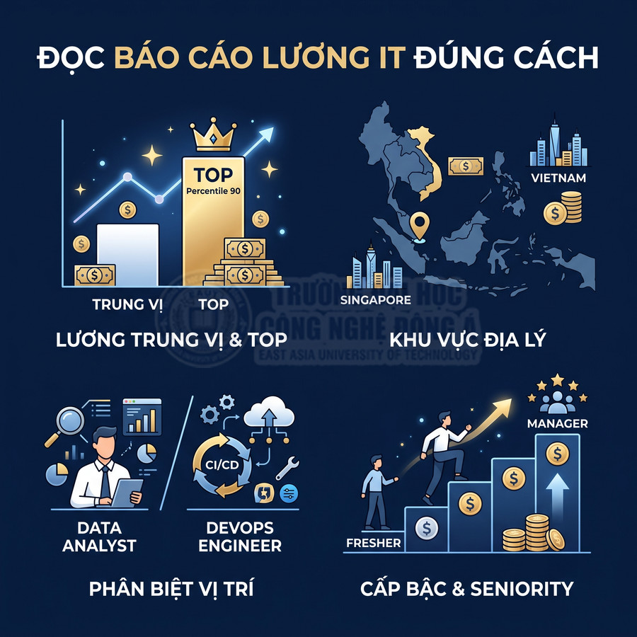 Infographic hướng dẫn đọc báo cáo lương IT theo vị trí, cấp bậc và khu vực địa lý