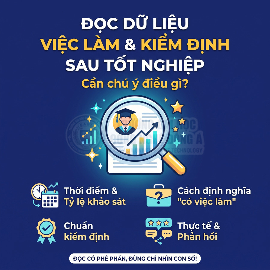 Infographic về dữ liệu việc làm và kiểm định sau tốt nghiệp, nêu thời điểm khảo sát, tỷ lệ có việc làm, chuẩn kiểm định và phản hồi thực tế