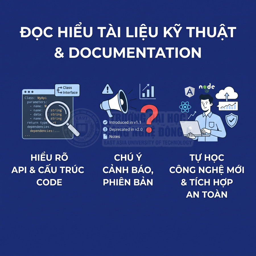 Đọc hiểu tài liệu kỹ thuật để nắm API, chú ý cảnh báo phiên bản và tự học công nghệ mới an toàn