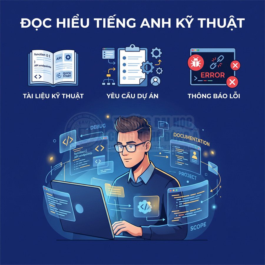 Lập trình viên đọc hiểu tài liệu kỹ thuật tiếng Anh trên laptop với giao diện code và debug xung quanh