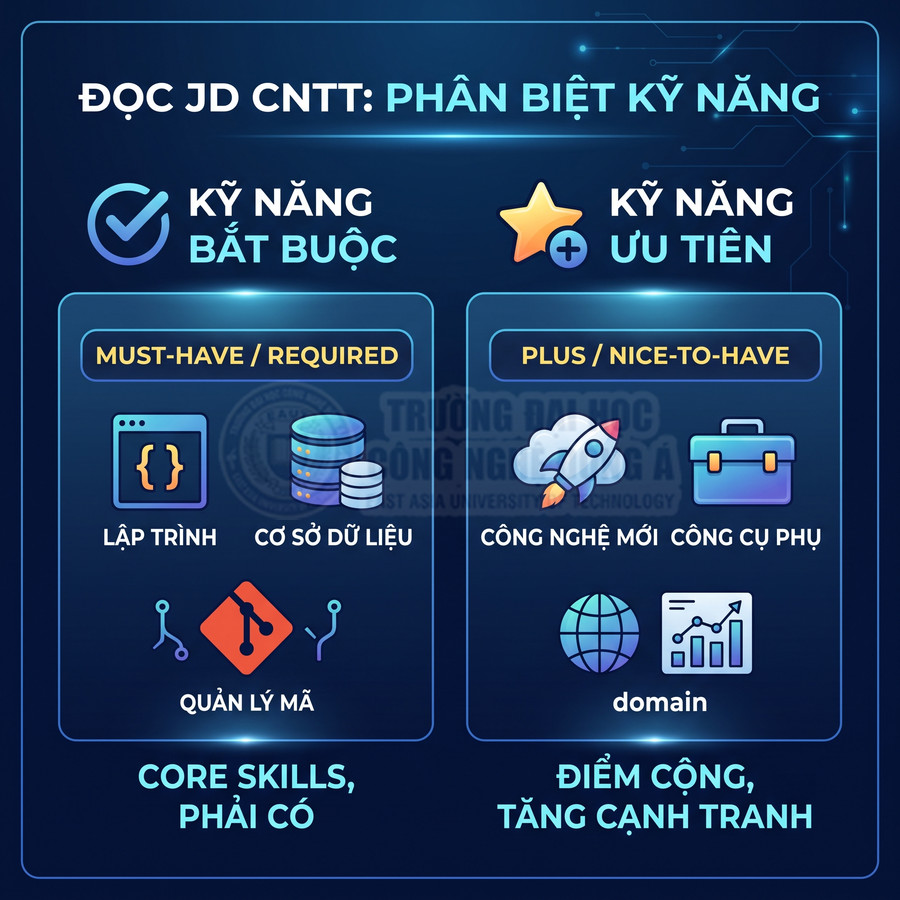 Infographic phân biệt kỹ năng bắt buộc và ưu tiên trong JD ngành CNTT cho lập trình viên
