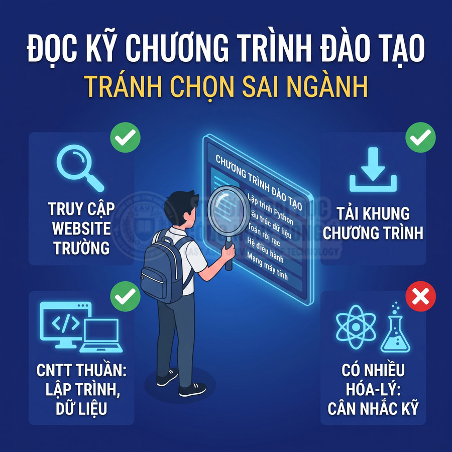Sinh viên đeo balo đọc kỹ chương trình đào tạo CNTT trên màn hình để tránh chọn sai ngành học