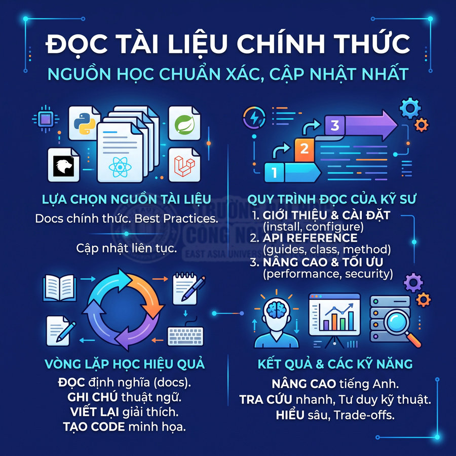 Infographic hướng dẫn đọc tài liệu chính thức cho lập trình viên với quy trình học và kỹ năng đạt được