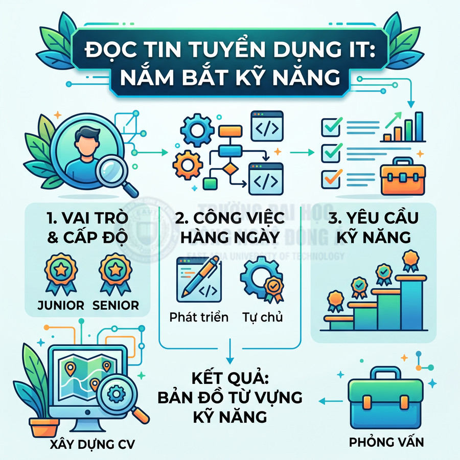 Infographic hướng dẫn đọc tin tuyển dụng IT, nắm vai trò cấp độ, công việc hằng ngày và yêu cầu kỹ năng để xây dựng CV